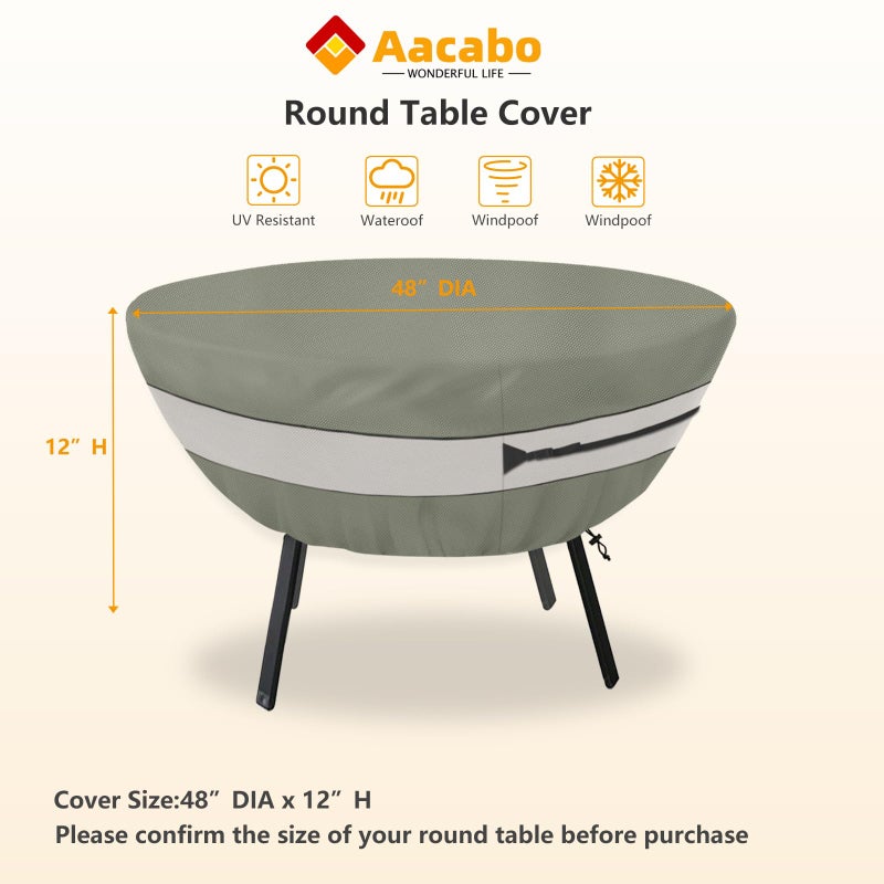 Aacabo Round Patio Table Cover,Suitable for 48 Inch Diameter Patio Round Table,Waterproof Heavy Duty Round Outdoor Coffee Table Cover Grey Green - Image 2